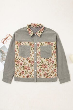 Medium Grey Corduroy Floral Patchwork Vintage Jacket - Image 3