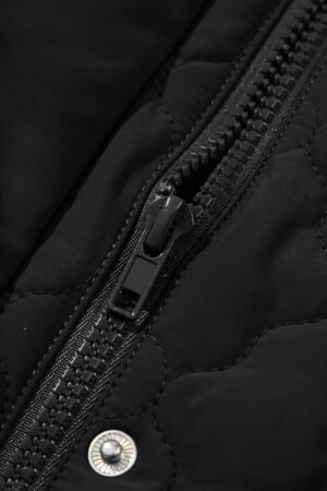 Black Flower Shape Quilted Snap Button Zip Up Winter Vest - Image 8