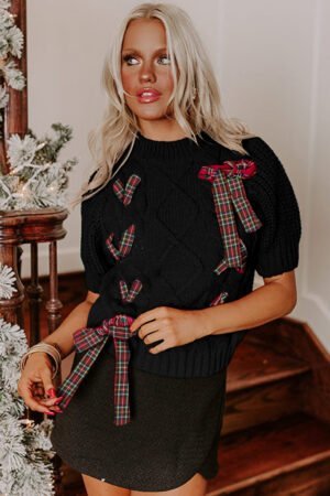 Black Plaid Lace up Detail Christmas Holiday Puff Short Sleeve Sweater - Image 3