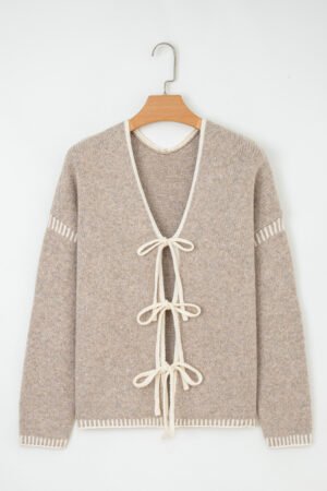 Pale Khaki Tied Front Drop Shoulder Chunky Casual Cardigan - Image 3