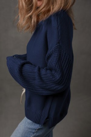 Dirty blue Solid Color Front Seam Drop Shoulder Loose Sweater - Image 3