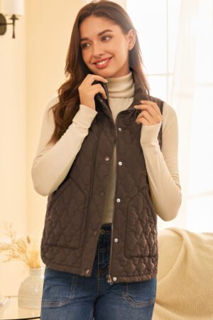 Dark Brown Flower Shape Quilted Snap Button Zip Up Winter Vest - Image 4