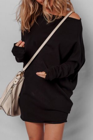 Black Asymmetric Neck Batwing Sleeve Shift Mini Sweater Dress - Image 7