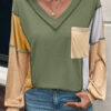 Jungle Green Exposed Stitching Colorblock V Neck Long Sleeve Top