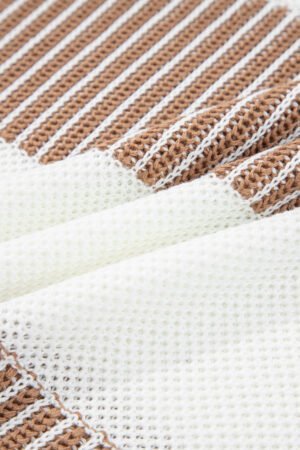 Khaki Two Tone Striped Patchwork Drop Shoulder Loose Sweater - Image 9