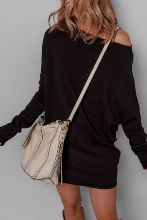 Black Asymmetric Neck Batwing Sleeve Shift Mini Sweater Dress - Image 3