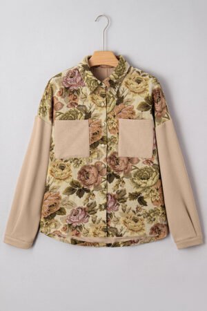 Khaki Floral Waffle Knit Patchwork Chest Pockets Buttoned Jacket - Image 4