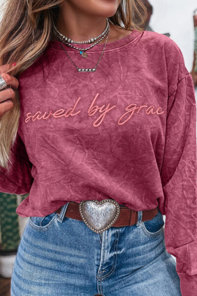 Mineral Red saved by grace Letter Embroidery Mineral Wash Loose Sweatshirt