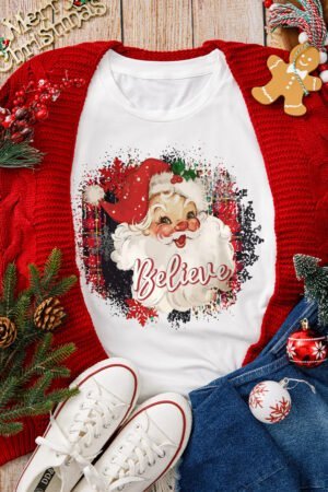 White Believe Christmas Father Graphic Crewneck T Shirt - Image 5