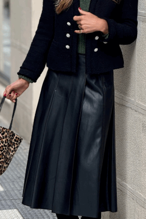 Black Faux Leather Retro Buckle Detail Pleated Stitch Flared Midi Skirt - Image 4