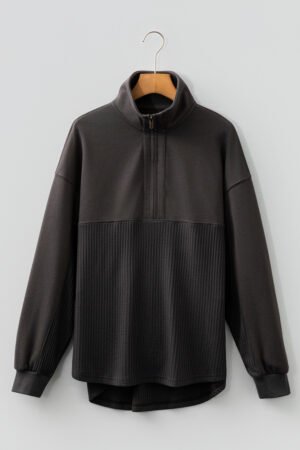 Carbon Grey Waffle Knit Patchwork Half Zipped Casual Sweatshirt - Image 9