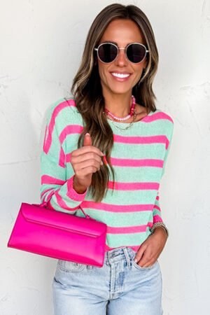 Green Stripe Round Neck Casual Sweater - Image 5