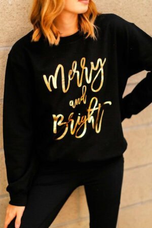 Black Merry & Bright Letter Print Pullover Sweatshirt - Image 2