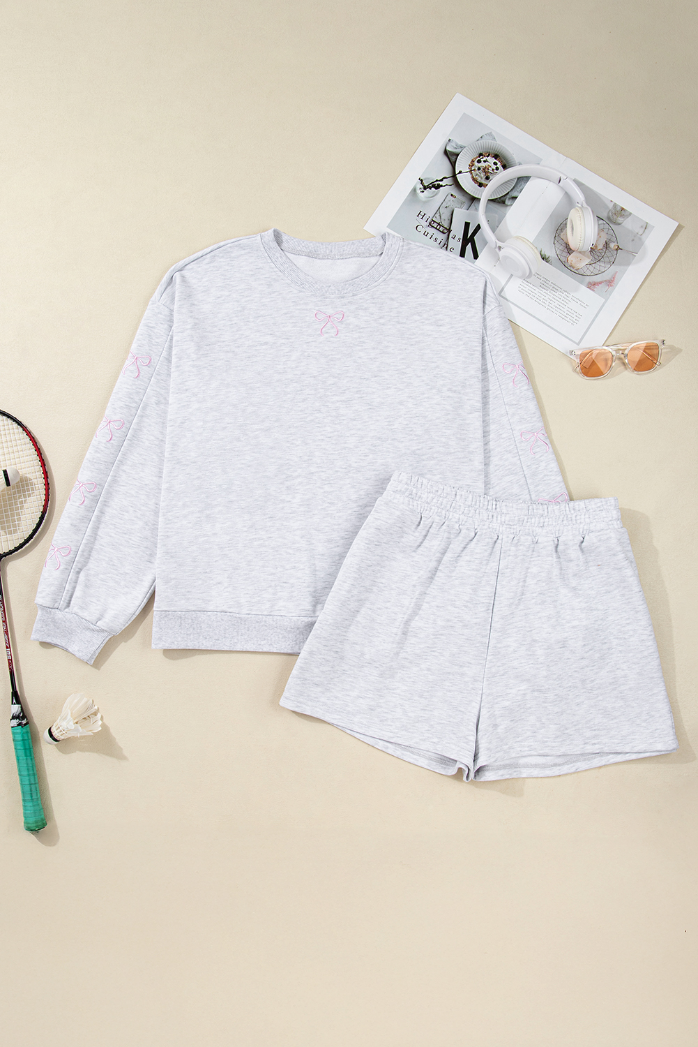 Light Grey Girly Bow Embroidered Puff Sleeve Pullover Loose Shorts Plus 2pcs Outfit Light Grey Girly Bow Embroidered Puff Sleeve Pullover Loose Shorts Plus 2pcs Outfit