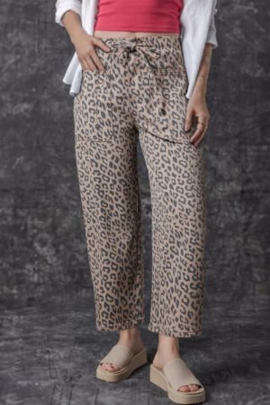 Khaki Leopard Printed Drawstring Elastic Waistband Pocketed Wide Leg Jeans - Image 6