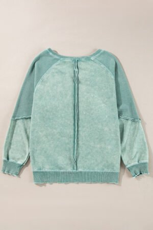 Mineral Blue Solid Waffle Knit Patchwork Raglan Sleeve Sweatshirt - Image 4
