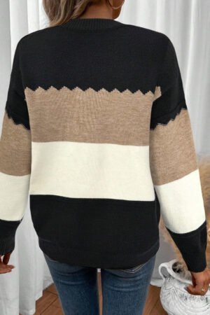Black Colorblock Crew Neck Drop Shoulder Sweater - Image 2