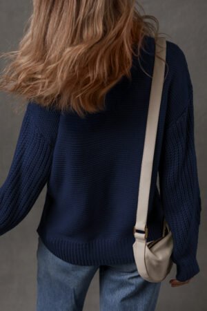 Dirty blue Solid Color Front Seam Drop Shoulder Loose Sweater - Image 2