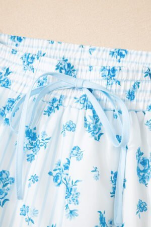 Sky Blue Floral Striped Print Contrast Patched Pocket Shirt and Shorts Set - Image 8
