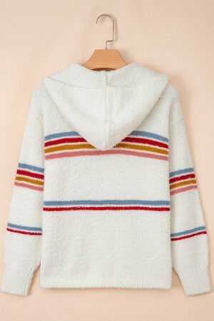White Multicolored Striped Accent Hooded Popcorn Sweater - Image 5