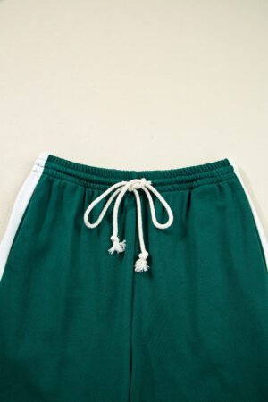 Sea Green Solid Color Pullover Top Varsity Stripe Detail Loose Drawstring Pants Set - Image 6