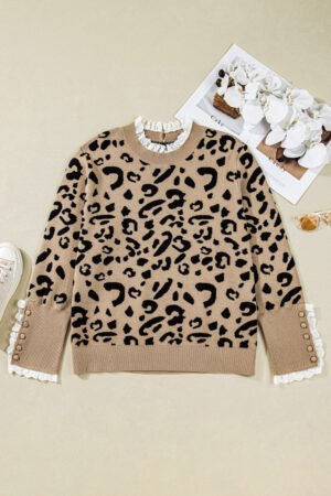 Brown Leopard Knitted Lacy Trim Cuffed Plus Size Sweater - Image 6