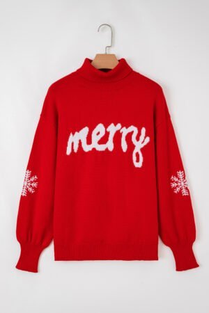 Fiery Red Merry Snowflake Pattern Christmas Turtleneck Sweater - Image 4