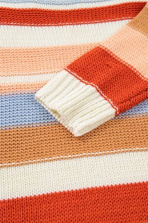 Pink Striped Colorblock Round Neck Drop Shoulder Sweater - Image 9