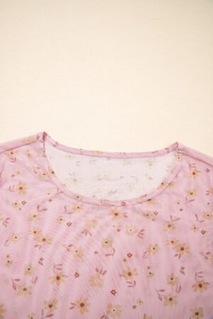 Pink Vintage Floral Print Southern Style Mesh Long Sleeve Top - Image 9