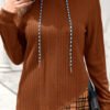 Chestnut Plaid Patchwork Ribbed Knit Drawstring Hooded Top