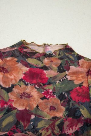 Multicolour Floral Print Lettuce Trim Long Sleeve Mesh Top - Image 7
