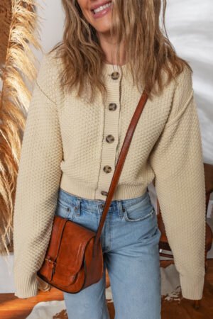 Beige Button Front Cropped Cardigan Sweater - Image 4