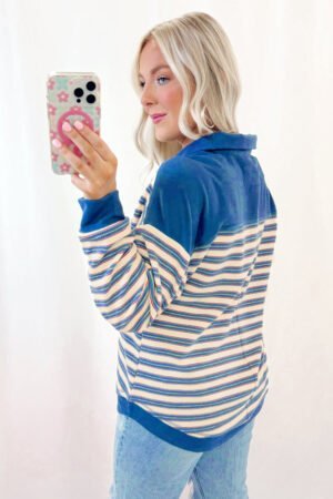 Blue Stripe Buttoned V Neck Collared Drop Shoulder Top - Image 2