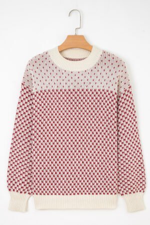 Red Contrast Color Pattern Lantern Sleeve Sweater - Image 4