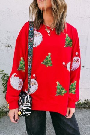 Red Santa Claus Christmas Tree Patched Pattern Drop Shoulder Sweatshirt - Image 7