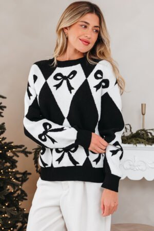 Black Bow Print 2-tone Rhombus Knit Loose Sweater - Image 5
