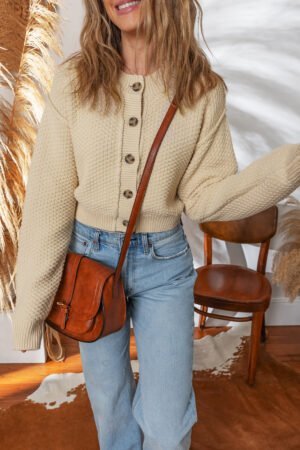 Beige Button Front Cropped Cardigan Sweater - Image 5