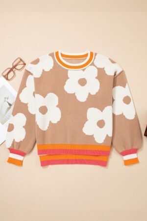 Smoke Gray Big Flower Pattern Contrast Striped Baggy Sweater - Image 3