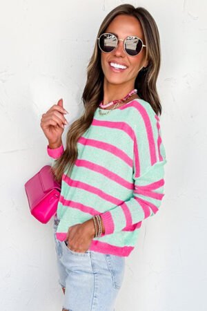 Green Stripe Round Neck Casual Sweater - Image 3