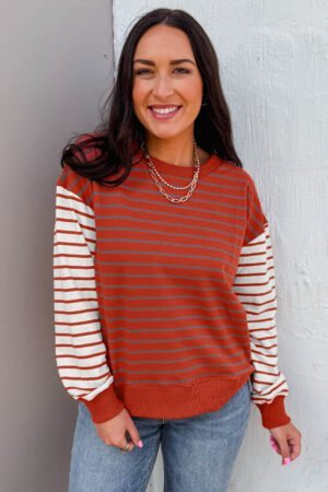 Orange Stripe Contrast Sleeve Patchwork Drop Shoulder Long Sleeve Sweatshirt - Image 5