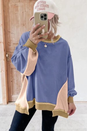 Wild Wind Color Block Mix Texture Waffle Patchwork Oversize Sweatshirt - Image 2
