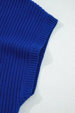 Dark Blue Patch Pocket Ribbed Knit Short Sleeve Sweater - Image 13