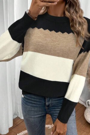 Black Colorblock Crew Neck Drop Shoulder Sweater - Image 4
