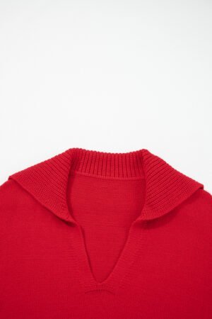 Racing Red Collared V Neck Ribbed Edge Sexy Elegant Sweater - Image 6