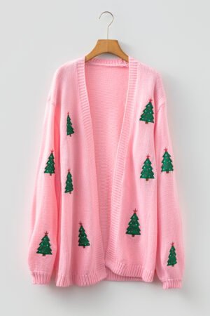 Light Pink Christmas Tree Print Open Front Drop Shoulder Midi Cardigan - Image 6