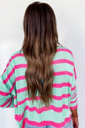 Green Stripe Round Neck Casual Sweater - Image 2