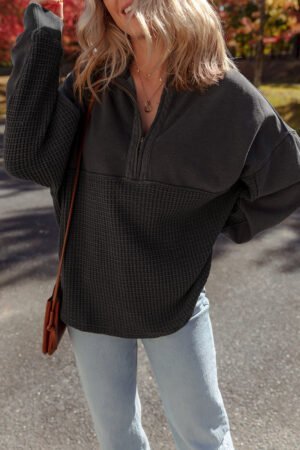Carbon Grey Waffle Knit Patchwork Half Zipped Casual Sweatshirt - Image 5