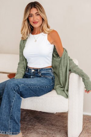 Green Bay Scalloped Edge Eyelet Knit Batwing Sleeve Cardigan - Image 6