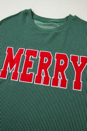 Evergreen Twisted Rib Outlined Merry Letter Graphic Loose Long Sleeve Top - Image 6