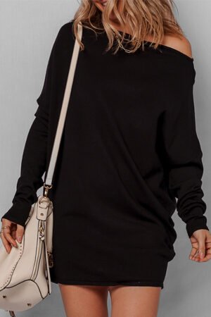 Black Asymmetric Neck Batwing Sleeve Shift Mini Sweater Dress - Image 4